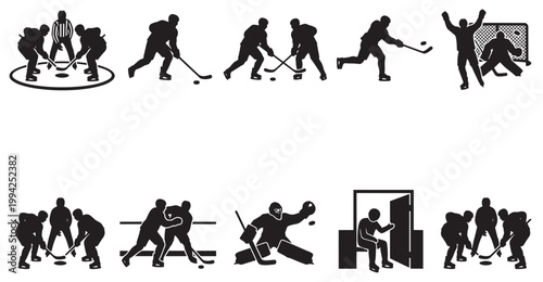 Collection of black silhouettes depicting ice hockey game scenes including face-off, players skating, goal scoring, and a penalty box.