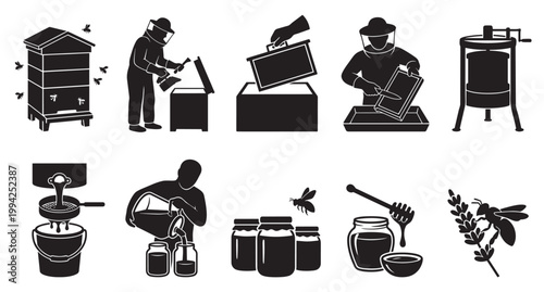 A collection of black and white silhouette icons illustrating the beekeeping process from hive to honey jar, ideal for educational or informational design.