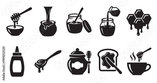 A collection of vector icons representing honey in various forms including jars, dippers, honeycomb, and a toast with honey spread, ideal for food and beverage concepts.