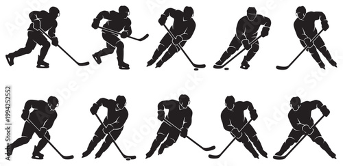 A collection of ten black silhouette illustrations of hockey players in various action poses on a white background, showcasing speed and skill.