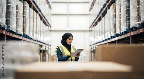Female Warehouse Worker Using Digital Tablet for Inventory Management