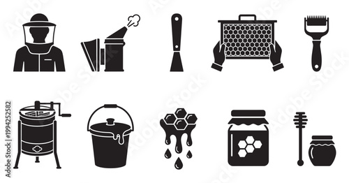 Collection of black and white vector icons representing beekeeping equipment and honey production, perfect for agricultural or food industry use.