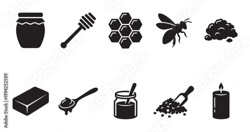 A collection of simple black silhouette icons representing honey, bees, and related products like soap and candles, perfect for wellness and natural themes.