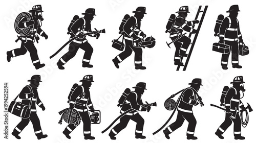 A collection of black silhouettes depicting firefighters in action, carrying various tools and equipment like hoses, axes, and chainsaws, on a clean white background.