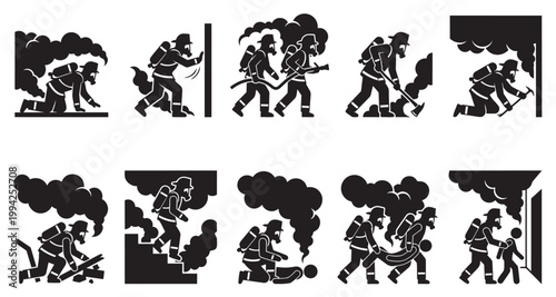 Set of black silhouette icons depicting firefighters in action amidst smoke and fire, performing rescue operations and combating blazes.