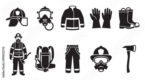 A collection of black silhouette icons representing essential firefighter equipment, including helmets, masks, jackets, gloves, boots, and axes on a white background.
