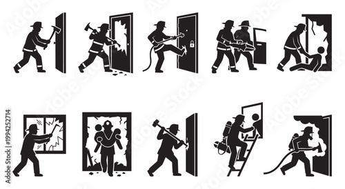 This graphic collection features black silhouettes of firefighters performing rescue operations, including breaking down doors, windows, and assisting victims in emergency situations.