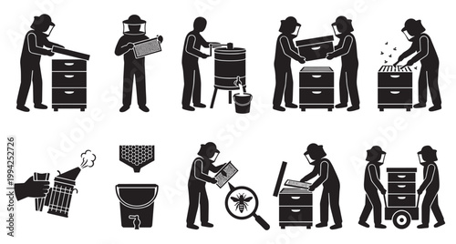 A collection of black and white vector icons illustrating various beekeeping activities and equipment, perfect for educational or commercial use.