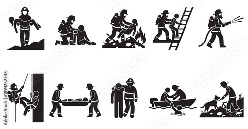 A collection of black and white pictogram icons showing various rescue scenarios performed by firefighters, including carrying people, using ladders, water hoses, and rappelling.