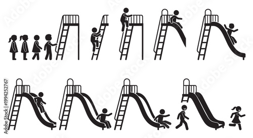 A graphic illustration shows stick figure children playing on playground slides, climbing ladders and sliding down in various dynamic poses against a white background.