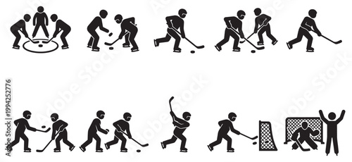 A collection of black silhouette icons depicting various ice hockey actions and players on a white background, showcasing different game moments.