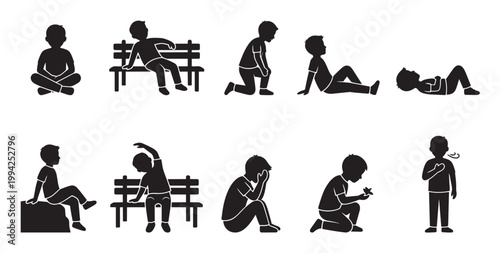 A collection of black silhouette illustrations depicts a young boy in diverse poses, showcasing different activities and emotions, isolated on a white background.