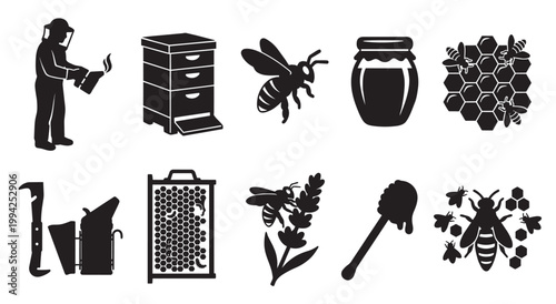 A collection of black silhouette icons depicting beekeeping elements, including a beekeeper, hive, bees, honeycomb, honey jar, and tools.