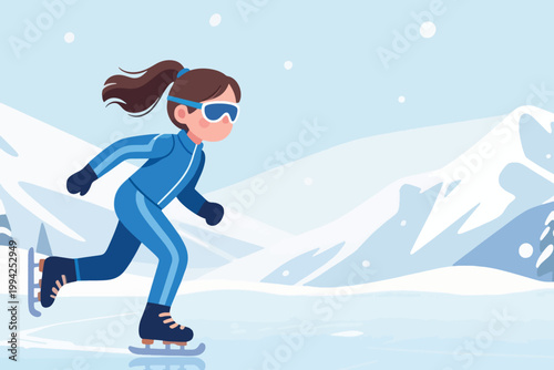 Illustration Of A Young Female Athlete Running Fast On An Outdoor Ice Skating Rink With Mountains In The Background Vector Design Template