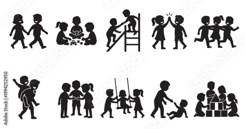 A collection of black silhouettes depicts diverse childhood activities like playing, climbing, building, and interacting joyfully against a white background.