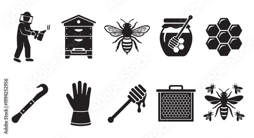 A collection of black and white flat icons representing beekeeping, including a beekeeper, hive, bees, honeycomb, and honey jar, suitable for agriculture or food themes.