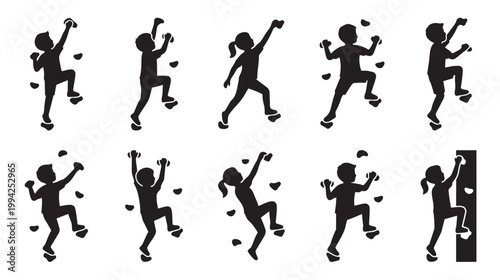 Collection of black silhouettes of children ascending a climbing wall, demonstrating diverse poses and movements against a clean white background.