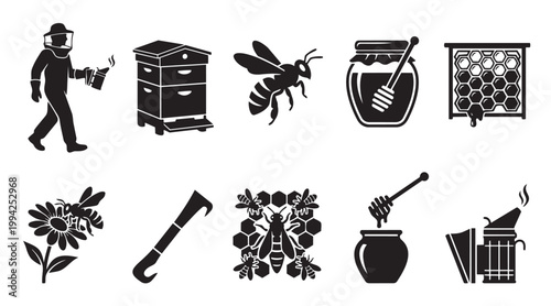 Collection of stylized black icons depicting various beekeeping elements like a beekeeper, hive, bees, honeycomb, honey jar, and tools, ideal for agricultural or food industry themes.