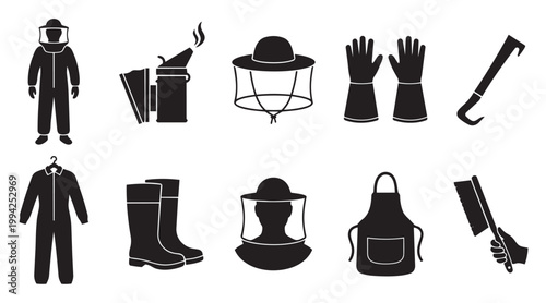 A collection of black silhouette icons depicting beekeeping equipment, including protective suits, veils, gloves, boots, and tools, on a white background.