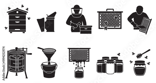 A collection of black and white silhouette icons representing various aspects of beekeeping, including hives, smokers, beekeepers, honeycombs, extractors, and jars of honey.