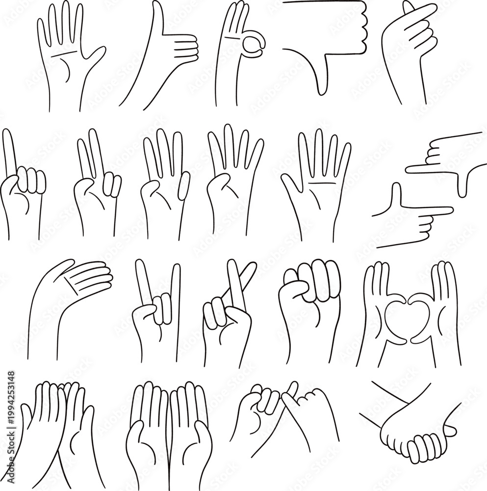 Fototapeta premium Hand Drawn Hand Gestures Doodle Set - Vector Line Art of Finger Counting, Heart Sign, Thumbs Up, and Communication Symbols