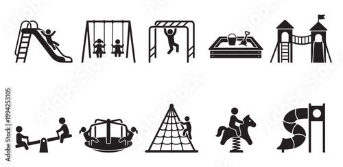 Collection of black silhouette icons depicting various playground activities and equipment, representing childhood fun, play, and recreation.