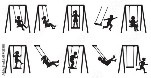 Collection of black silhouettes of diverse children joyfully playing on swings in various dynamic poses on a white background, conveying childhood fun.