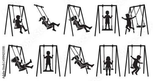 Collection of black silhouettes of diverse children joyfully swinging on playground swings, capturing moments of fun and childhood freedom.