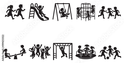 A collection of black silhouettes depicting children enjoying various playground activities like sliding, swinging, climbing, and playing games outdoors.