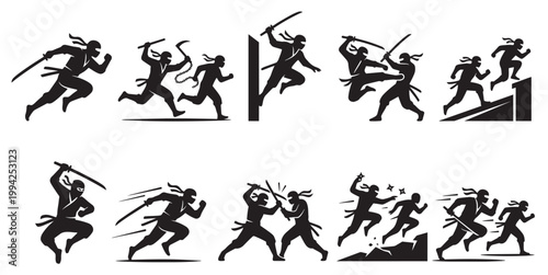 Collection of black silhouette icons depicting ninjas in various dynamic action poses, including running, jumping, and sword fighting, conveying a sense of stealth and combat.