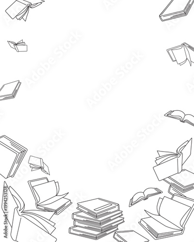 白黒線画の本と書籍と紙ページがランダムに舞う縦サイズ背景ベクターフレーム余白有り