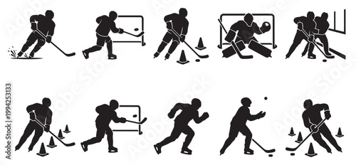 A collection of black silhouette icons depicting various ice hockey actions like skating, shooting, and goaltending on a white background.
