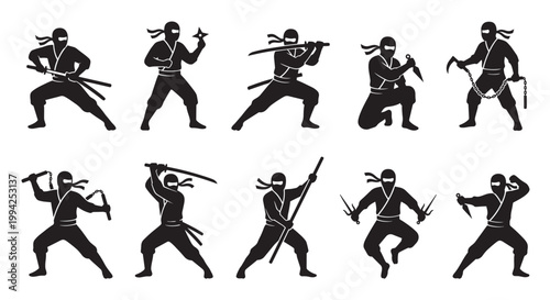 Collection of black silhouette icons featuring ninjas in various dynamic fighting poses holding weapons like swords, shurikens, and nunchucks against a white background.
