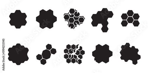 A collection of black abstract geometric shapes and patterns composed of hexagons against a clean white background, suggesting themes of connection, data, and modularity.