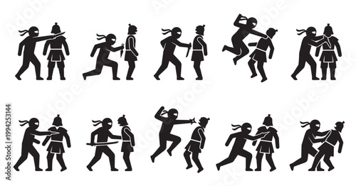 Collection of black silhouette icons depicting ninjas attacking soldiers in various combat poses, representing action and conflict.