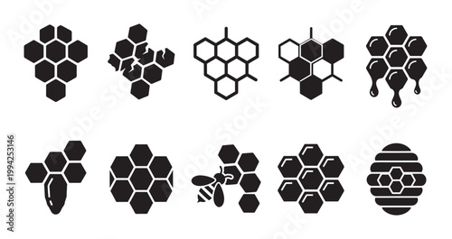 A collection of black and white vector icons representing honeycombs, a bee, and dripping honey, perfect for illustrating concepts related to beekeeping, natural products, or healthy food.