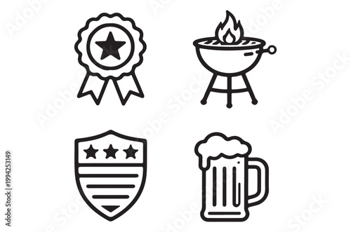 Black and white icons depicting awards grilling and celebratory items