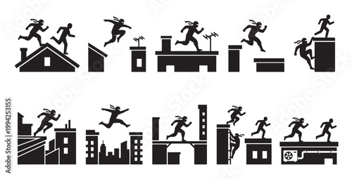 A collection of black silhouette icons depicting people performing parkour and ninja-like movements across urban rooftops, showcasing action, speed, and agility.