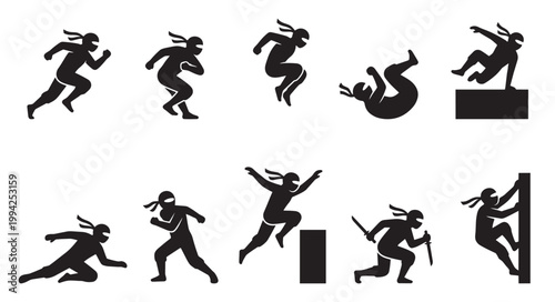 A collection of black silhouette icons depicting a ninja in various dynamic poses, including running, jumping, flipping, and climbing, against a clean white background.