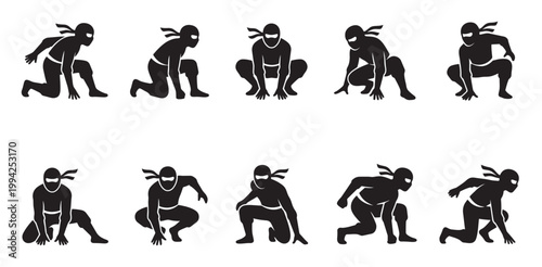 A collection of ten black silhouette icons depicting ninjas in various crouching and ready stances against a white background, suggesting action and stealth.