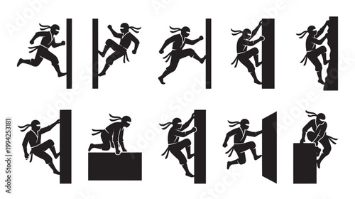 A collection of black silhouettes of ninjas in various dynamic poses, including running, climbing, and jumping against a clean white background.