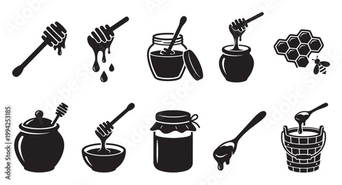 A collection of black and white silhouette icons representing honey, including dippers, jars, a bucket, a honeycomb, and a bee, perfect for food and beverage design.