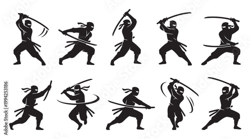 A collection of dynamic black silhouette illustrations depicts ninjas in various fighting stances, wielding katanas, ideal for conveying action and martial arts themes.