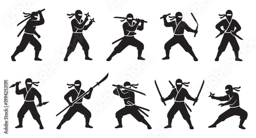A collection of ten black silhouette illustrations of ninjas in various dynamic combat poses, showcasing different weapons and fighting styles against a white background.