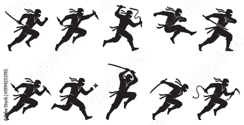 A collection of black silhouette illustrations depicting ninjas in dynamic running and combat poses with various weapons on a white background.