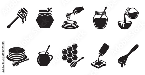 A collection of black and white silhouette icons representing various honey-related items and actions, ideal for food or beekeeping themes.