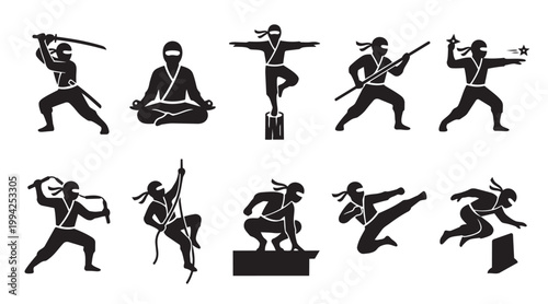 A collection of black silhouette icons depicts ninjas performing various martial arts and acrobatic actions, including sword fighting, meditation, climbing, and throwing shurikens.