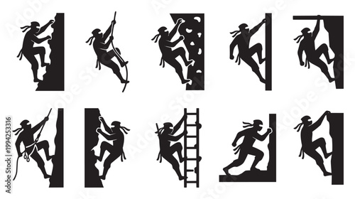 A collection of black silhouettes of ninjas in various climbing poses against a white background, illustrating sport and challenge.