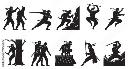 This black and white vector silhouette set depicts ninjas in various dynamic action poses, including fighting, climbing, hiding, and throwing shuriken, representing stealth and combat.