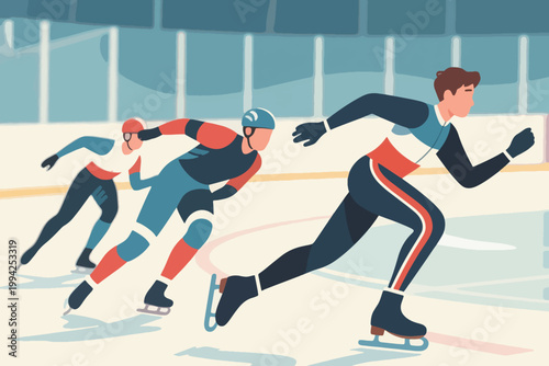 Illustration Of A Competitive Ice Skating Race With Many Professional Male Ice Skates Competing On An Ice Track Vector Design Template